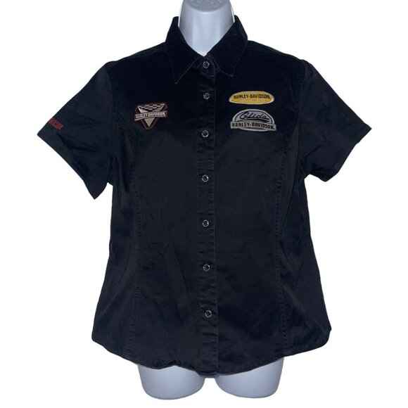 Harley Davidson Motorcycles Black Button Front Shirt Womens L Glide Patches - Picture 1 of 7